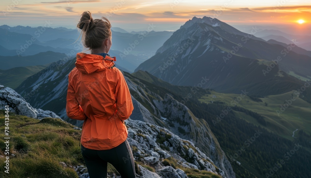 Woman in orange jacket admiring the sunrise over mountain peaks