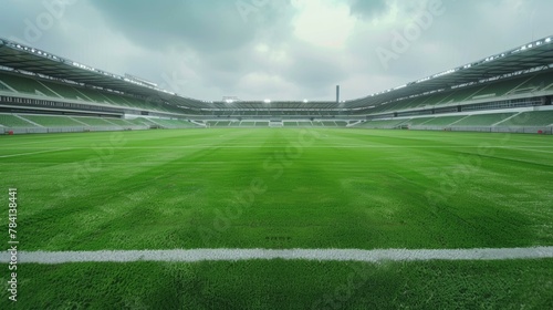 Lush green soccer field inside an empty stadium with overcast skies