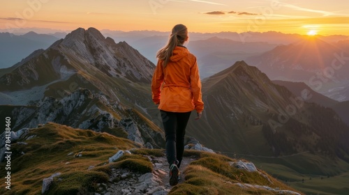 Woman in orange jacket soaking in the sunset atop a mountain ridge photo