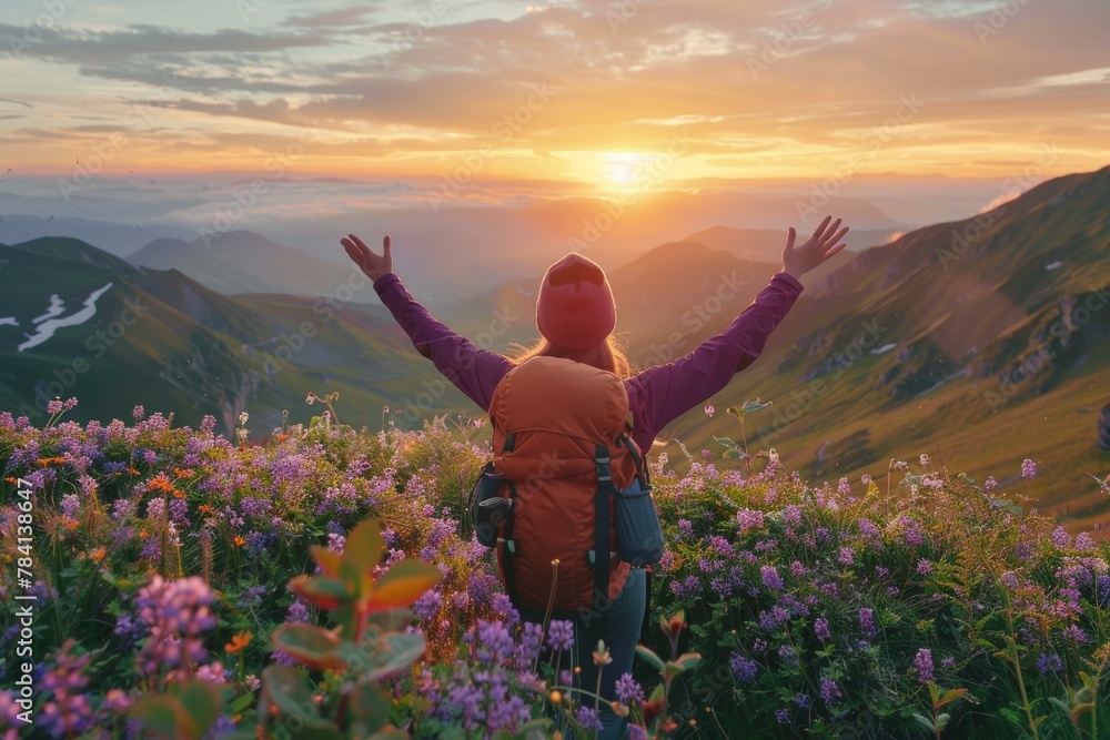Hiker embracing the sunrise amidst alpine flowers in the mountains Hiker embracing the sunrise amidst alpine flowers in the mountains