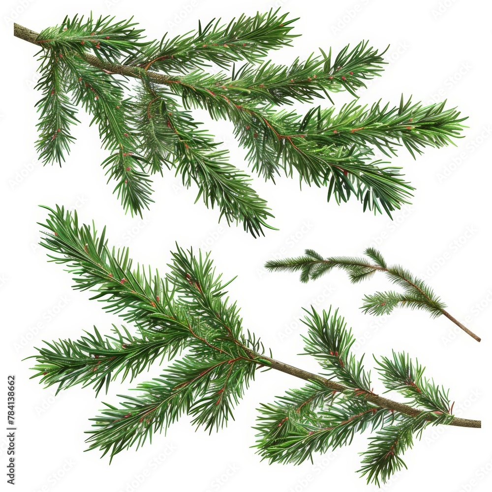 Assorted evergreen fir branches isolated on white background