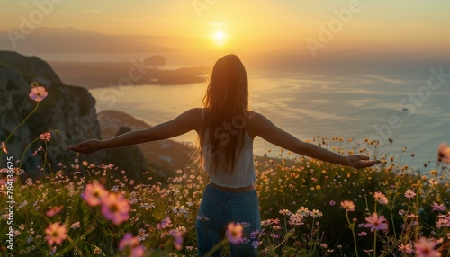 Woman embracing the sunset amidst wildflowers overlooking the sea © BrightWhite
