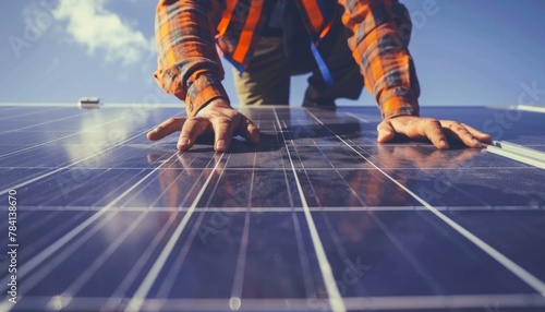 Worker in reflective vest installing solar panels on a clear day
