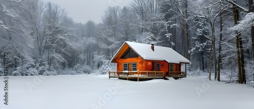 Winter Haven: A Serene Snow-Clad Cabin Retreat. Concept Winter Wonderland, Cozy Cabin, Scenic Snowscape, Fireplace Nook, Hot Cocoa Delight photo