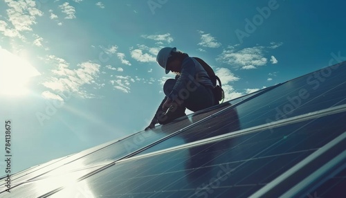Worker installing solar panels with a bright blue sky in the background photo