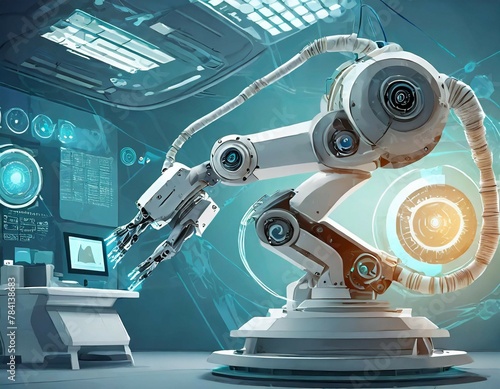future robotic arms performing automated medical health care operation for future precision surgical robot and remote control hospital equipment as wide banner design with information