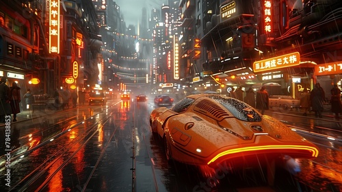 A cyber metropolis hums with life as sleek cars maneuver the technologically advanced streets in this mesmerizing cityscape.