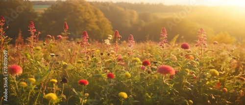 Panorama of beautiful meadow flowers in early sunny fresh morning. Vintage autumn landscape background. colorful beautiful fall flowers magical background © Rat Art