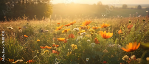 Panorama of beautiful meadow flowers in early sunny fresh morning. Vintage autumn landscape background. colorful beautiful fall flowers magical background © Rat Art