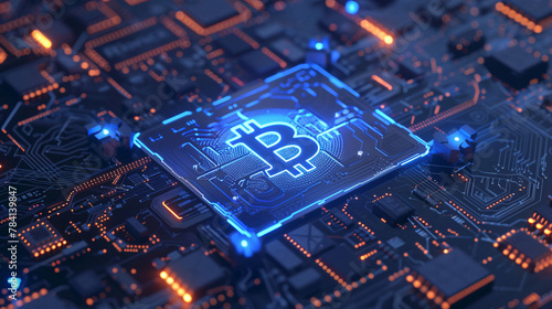 Bitcoin close-up on circuit board cryptocurrency finance technology concept