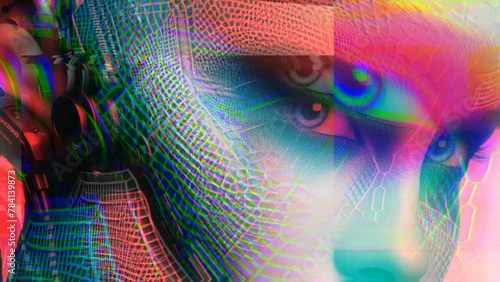 Portrait of a cyberpunk girl transforming into pixel and glitch animation. Noise video art.