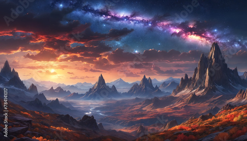 A beautiful  mountainous landscape with a sunset in the background and unearthly starry sky.