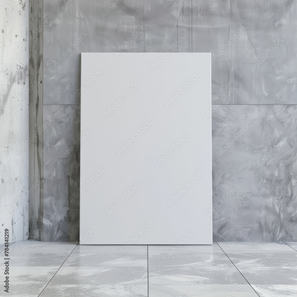Mock up poster. Blank vertical canvas, gray wall and floor on background Mock up poster. Blank vertical canvas, gray wall and floor on background