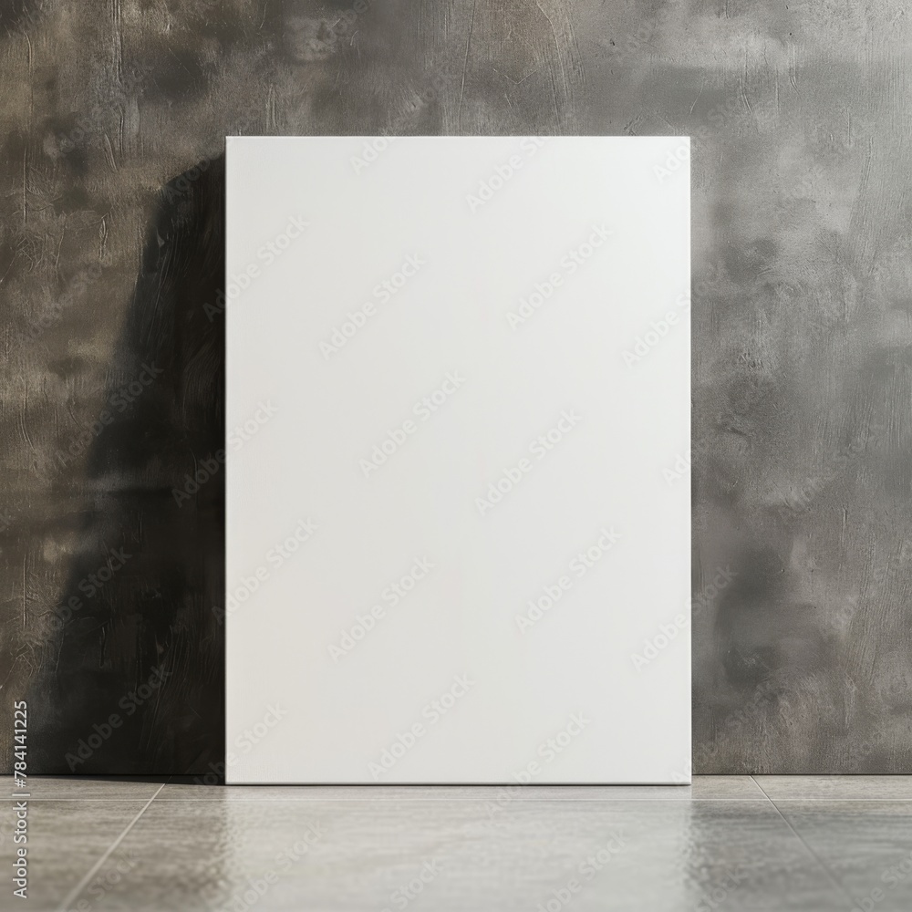 Mock up poster. Blank vertical canvas, gray wall and floor on background Mock up poster. Blank vertical canvas, gray wall and floor on background
