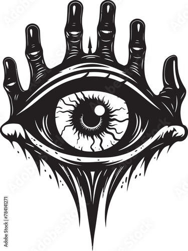 Infernal Gaze Devils Eye Vector Emblem Diabolical Vision Demon Hand Holding Eyeball Icon