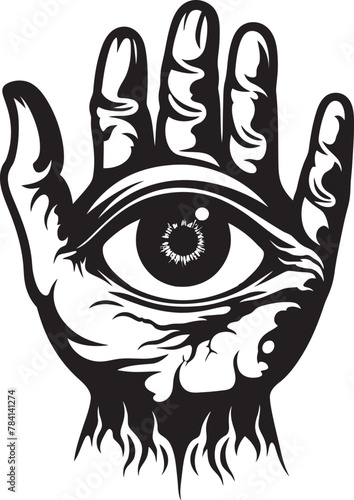 Hellish Sight Devils Grasp on Eyeball Logo Sinister Stare Demon Hand and Eyeball Symbol