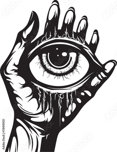 Infernal Sight Devils Hold on Eyeball Symbol Sinful Surveillance Demon Hand and Eyeball Vector Icon