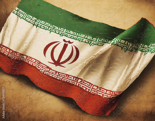 Waving vintage Iran flag on textured grunge background. symbol of patriotism and Iran culture	 photo