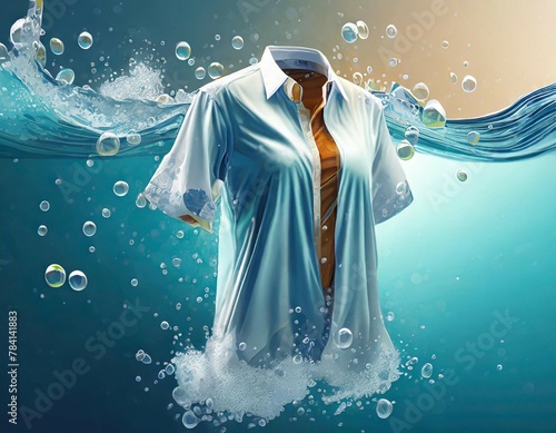 cleaning clothes washing machine or detergent liquid commercial advertisement style with floating shirt and dress underwater with bubbles and wet splashes laundry work as banner design with copy space © Beste stock