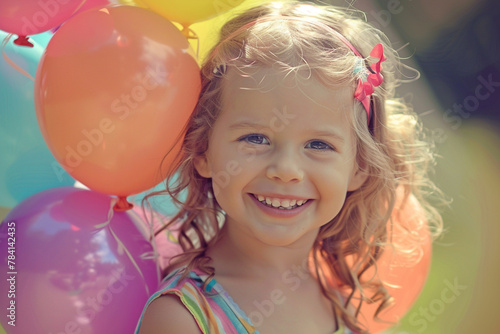 A little girl with a radiant smile, holding a bunch of colorful balloons.