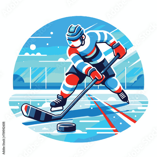 Canvas Print male ice hockey athlete dribbling a puck with a stick in a flat design illustrat