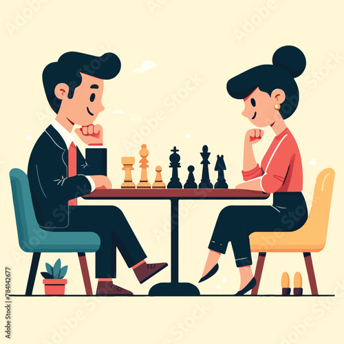 couple playing chess in a flat design illustration