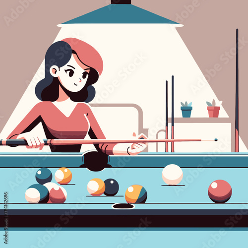 woman practicing a game of billiard in a flat design illustration