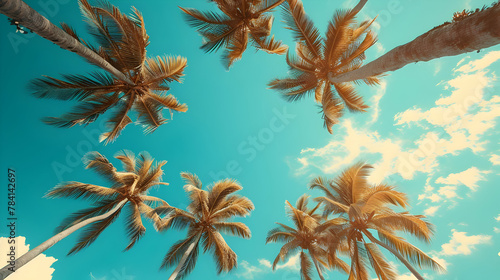 Low angle view of coconut palm trees against sky Summer season background