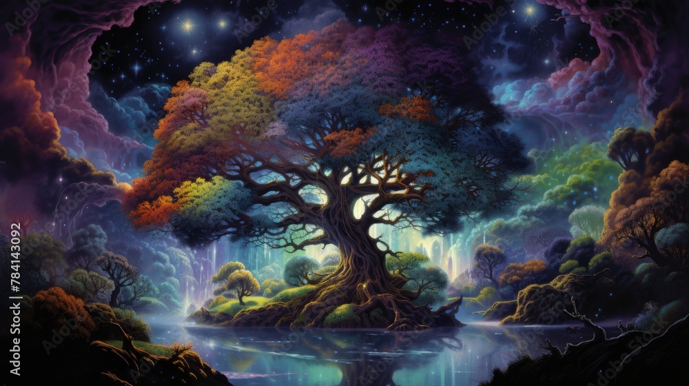 landscape background of glowing magical trees with outer space background