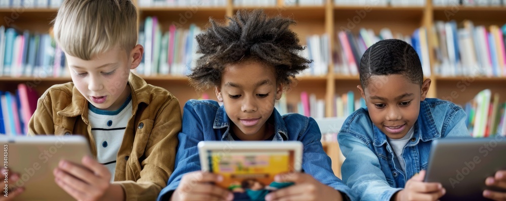 Three focused children using tablets to learn in a library environment ...