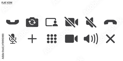 Black video call icon in flat style, Video conference, set of buttons template for mobile phone online app. online meeting workspace, internet talk, vector illustration in transparent background.
