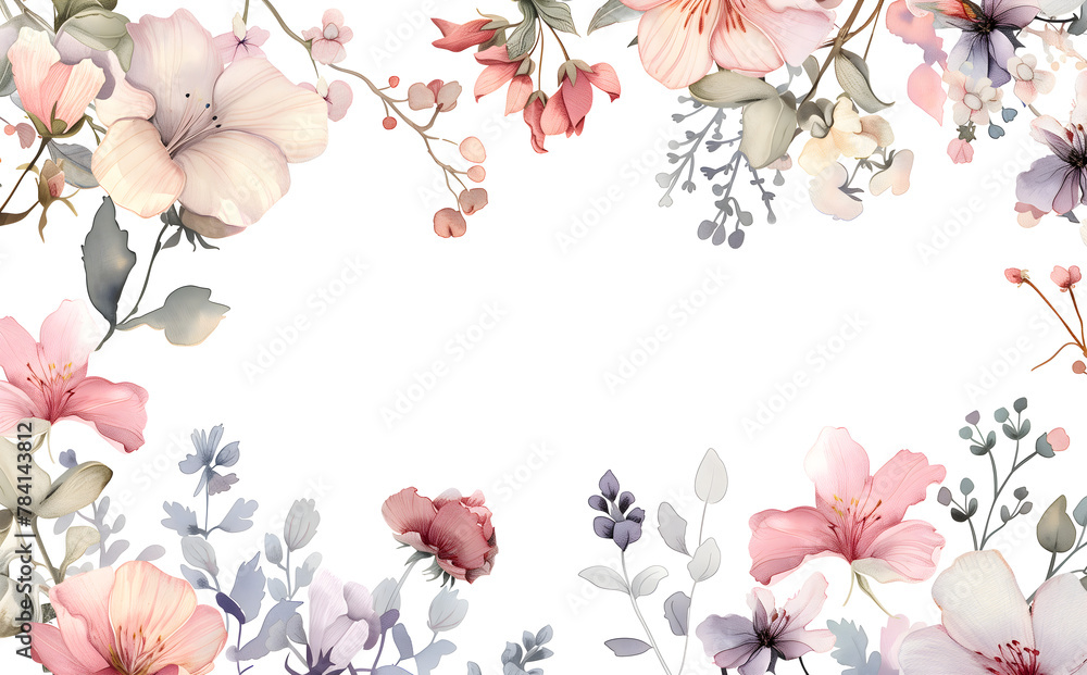 Watercolor floral border frame with wildflowers in pastel colors on a white background

