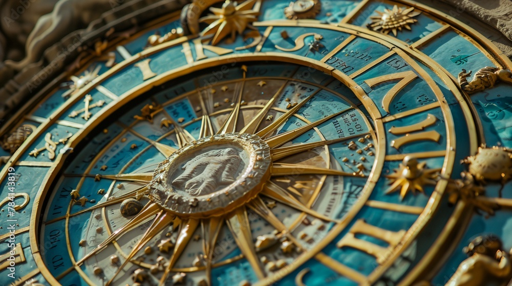 a close up of a blue and gold clock