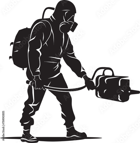 Bug Banisher Pest Control Logo Vector Fumigation Hero Man Spraying Icon
