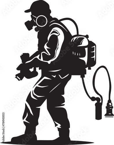 Toxin Terminator Pest Control Icon Emblem Fumigation Hero Man with Fumigator Design