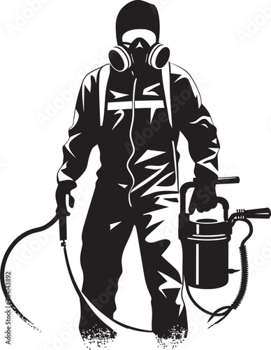 Toxin Terminator Pest Control Icon Emblem Fumigation Hero Man with Sprayer Design