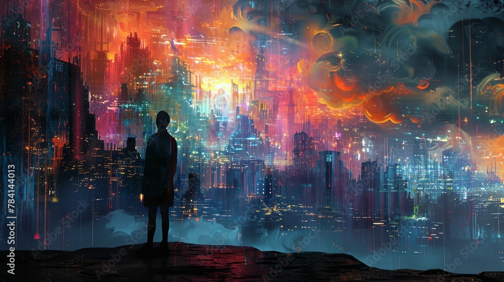 a man standing in front of a cityscape with a sky background that is colorful and has a lot of clouds