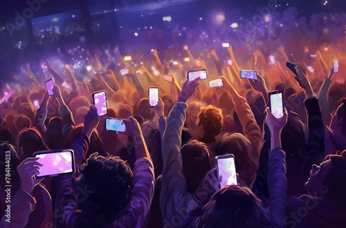 a crowd of people holding up their cell phones in the air at a concert with bright lights on them