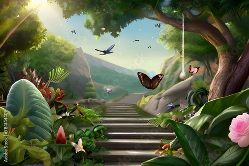 Paradiesische Pracht: Eine realistische, detailreiche Illustration des Gartens Eden photo