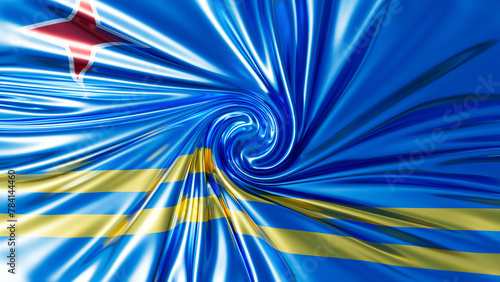 Dynamic Twirl of Aruba Flag in Brilliant Blue and Bold Gold Tones