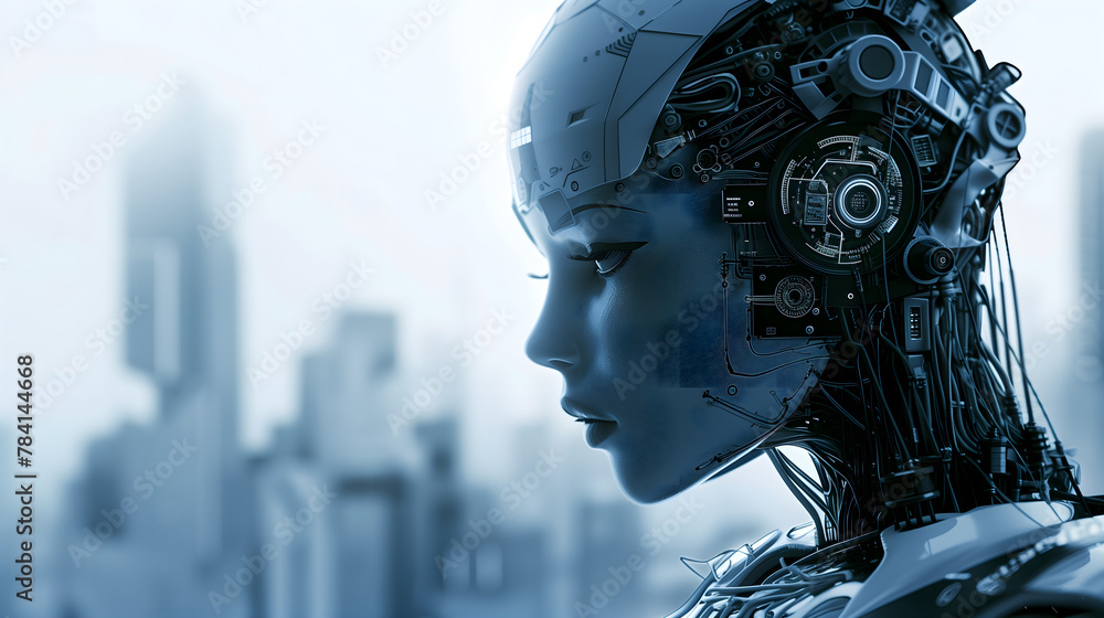 A female humanoid robot with circuitry visible in her head, profile view against a futuristic city background
A female humanoid robot with circuitry visible in her head, profile view against a futuristic city background