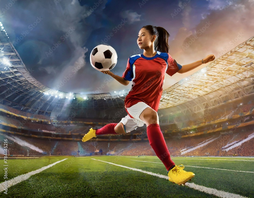 football or soccer player running fast and kicking a ball while training at dramatic stadium shot, dynamic active pose of skill development success