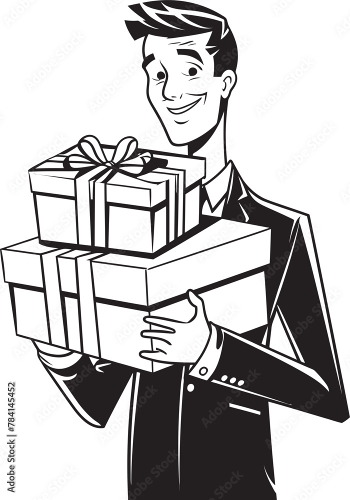 Gift Gatherer Man with Gift Boxes Logo Emblem Surprise Slinger Vector Icon Symbol Gift Gatherer Man with Gift Boxes Logo Emblem Surprise Slinger Vector Icon Symbol