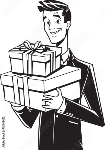 Gift Gatherer Man with Gift Boxes Logo Emblem Surprise Slinger Vector Icon Symbol