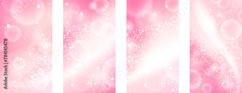 Subtle pink stories template set. Sparkling and glowing background. Stock vector illustration in cartoon realistic style.