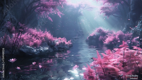 Discover a secret world teeming with soft pink blooms and lush underwater plants, creating an enchanting and serene ambiance-1