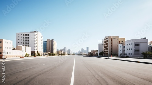empty street and modern cityscape, skyscrapers with sunny weather