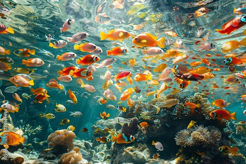 Brilliant Underwater Seascape Showcasing Vibrant Coral Reef Teeming with Diverse Tropical Fish © TEERAWAT
