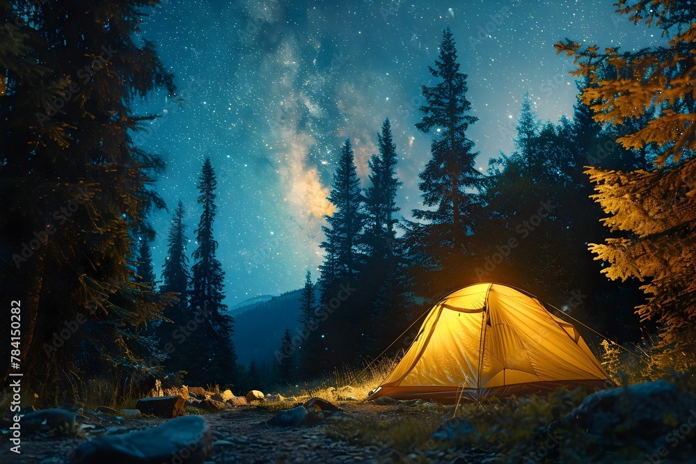Illuminated Tent Under Starry Night Sky Invites Campers to Escape City Life and Immerse in Nature's Peaceful Tranquility