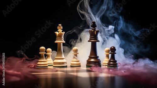 Group of chess pieces on chessboard with white smoke isolated on dark background